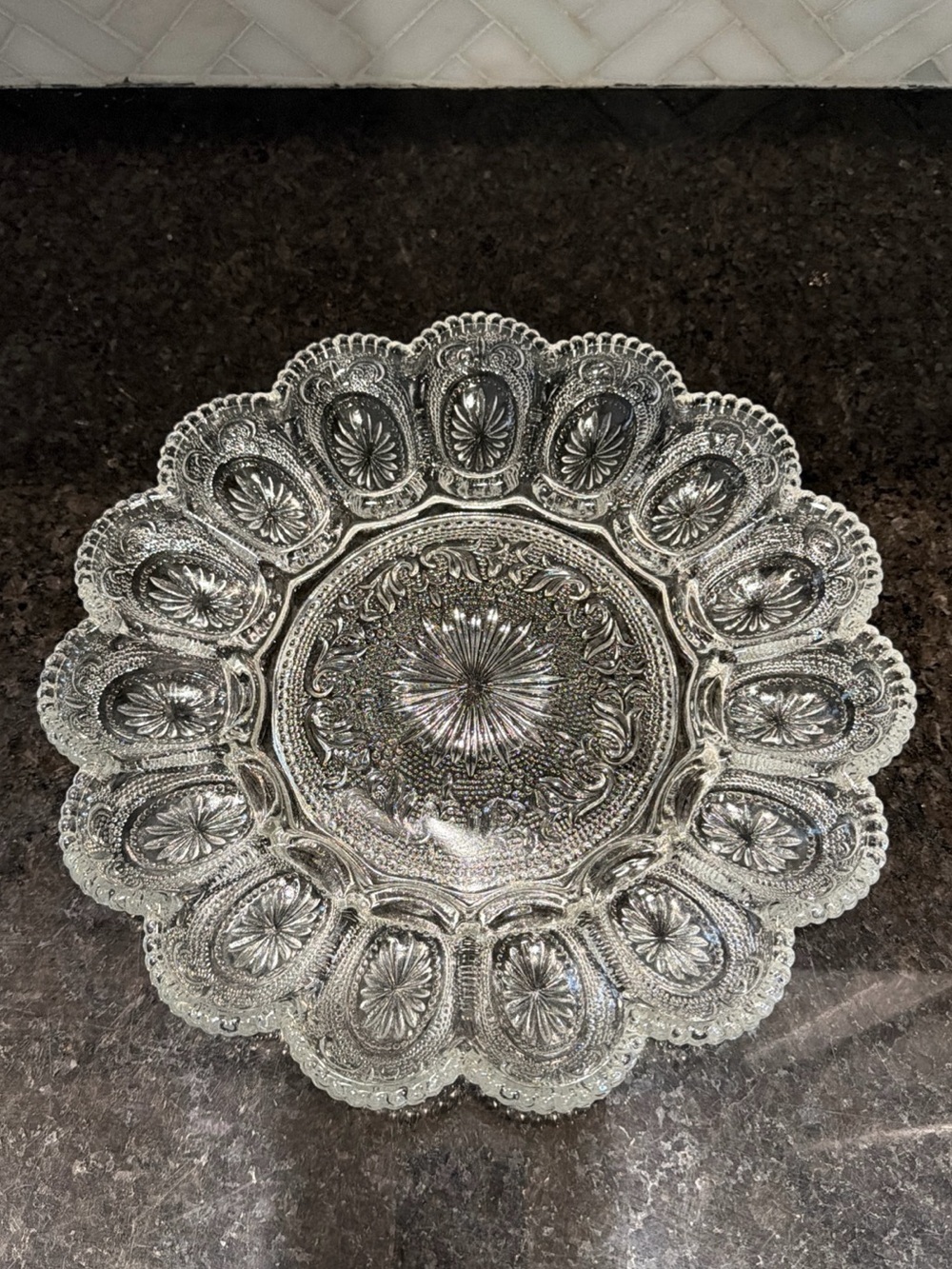Vintage LE Smith glass doubled egg plate platter 11 1/4 inch diameter